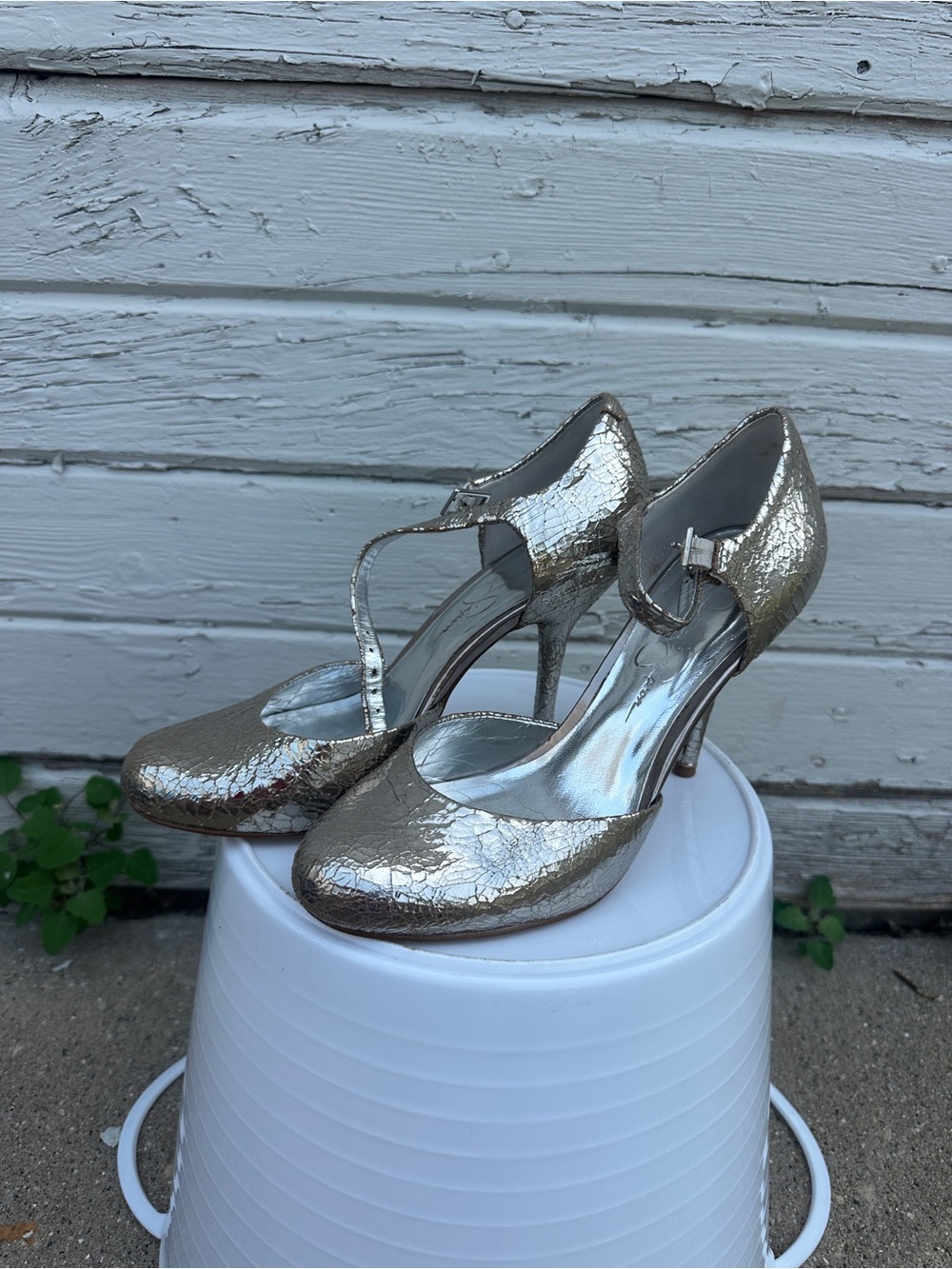 Metallic Silver T-Strap Women’s Heels